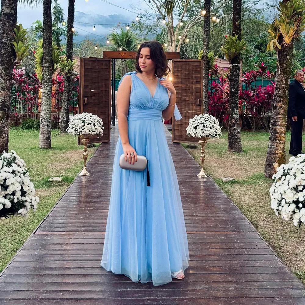 Msikoods Blue Tulle Evening Dresses Sleeveless V Neck Bridesmaid Gown Floor Length Wedding Guest Dress Party Gown Customized