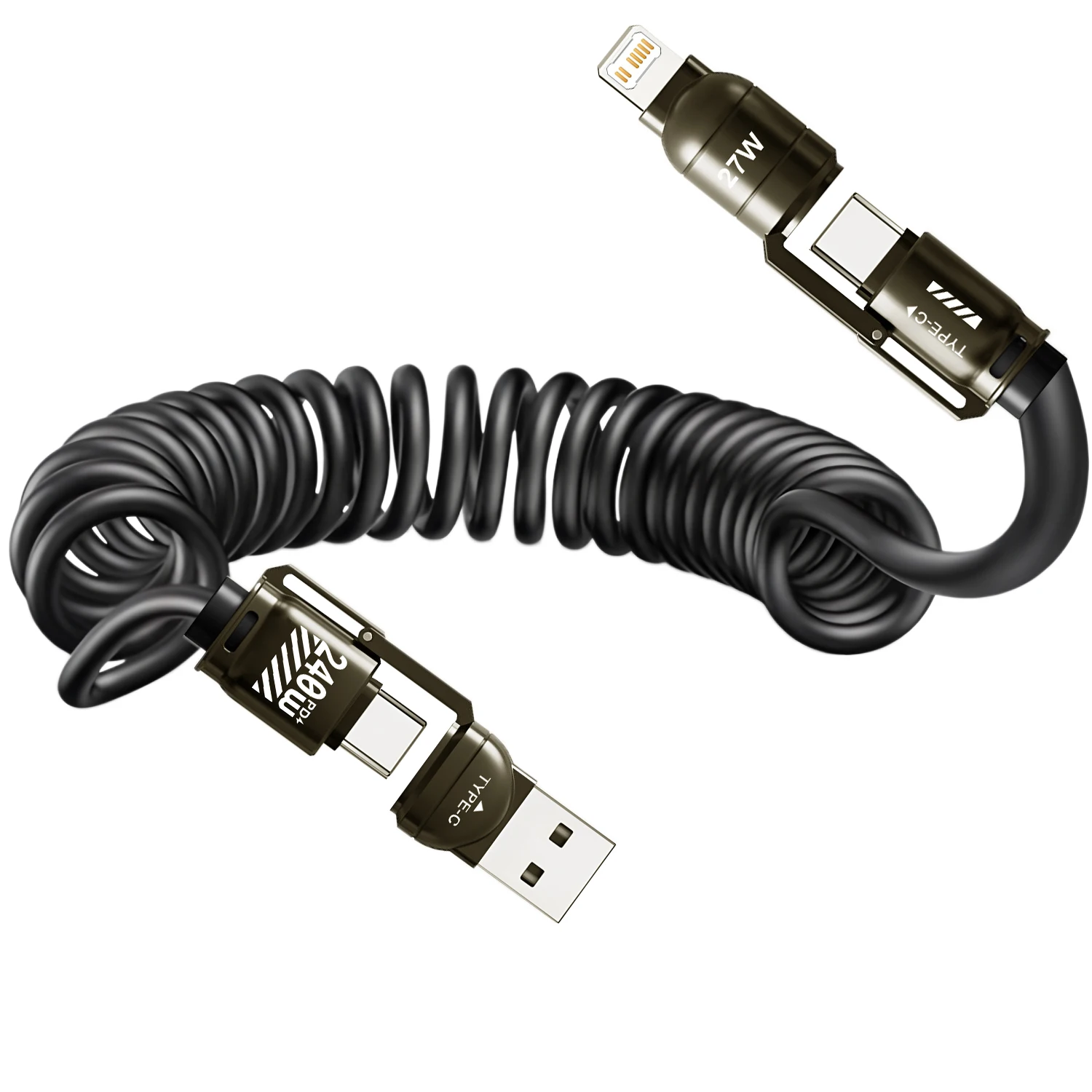 240W 4-in-1 Spring Short Data Cable 6A USB Type C Quick Charger Wire for iPhone iPad MacBook - Portable Spring USB Cable