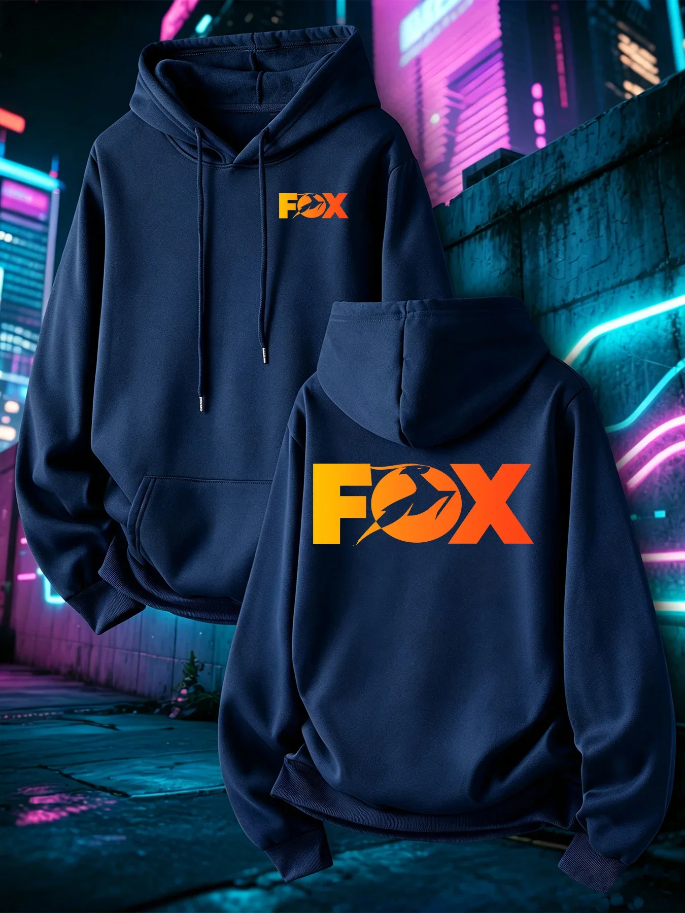 2026Men FOX Graphic Hoodie Front Back Double Sided Print Hooded Sweatshirt Loose Oversized Casual Sport Streetwear Pullover Tops