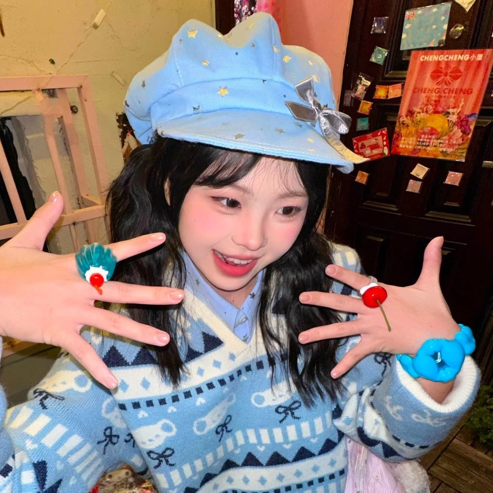 Cotton Silver Star Bowknot Cap Sunscreen Y2K Detachable Rabbit Ears Hat Peaked Hip Hop Bunny Ears Berets Cap Girl