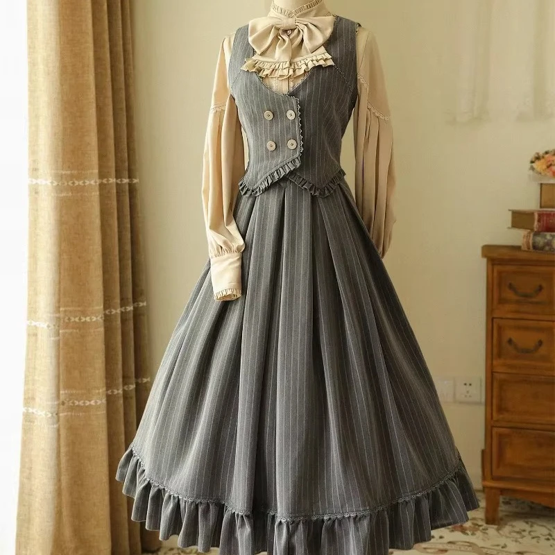Spring Autumn Striped Vest Stand Collar Bow Shirt&Long Skirt Set,Cla Style Lolita Outfit for Women Harajuku Tea Party Daily Wear