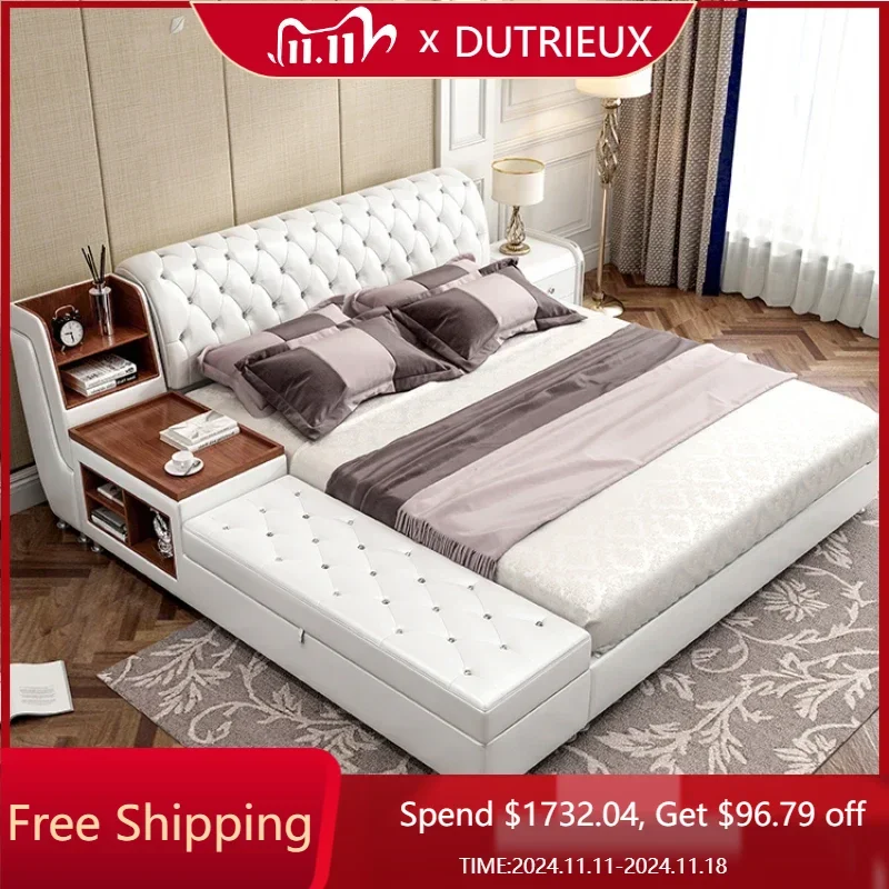 Nordic King Size Frame Bed Aesthetic Master Cheap Princess White Double Bed Leather Multifunctional Cama Casal Room Furniture