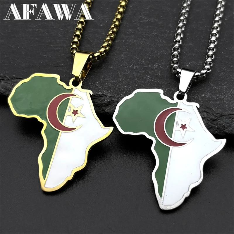 الجزائر الأفريقي خريطة العلم قلادة قلادة للنساء الرجال الفولاذ المقاوم للصدأ الملونة المينا الذهب اللون القمر ستار سلسلة مجوهرات هدية