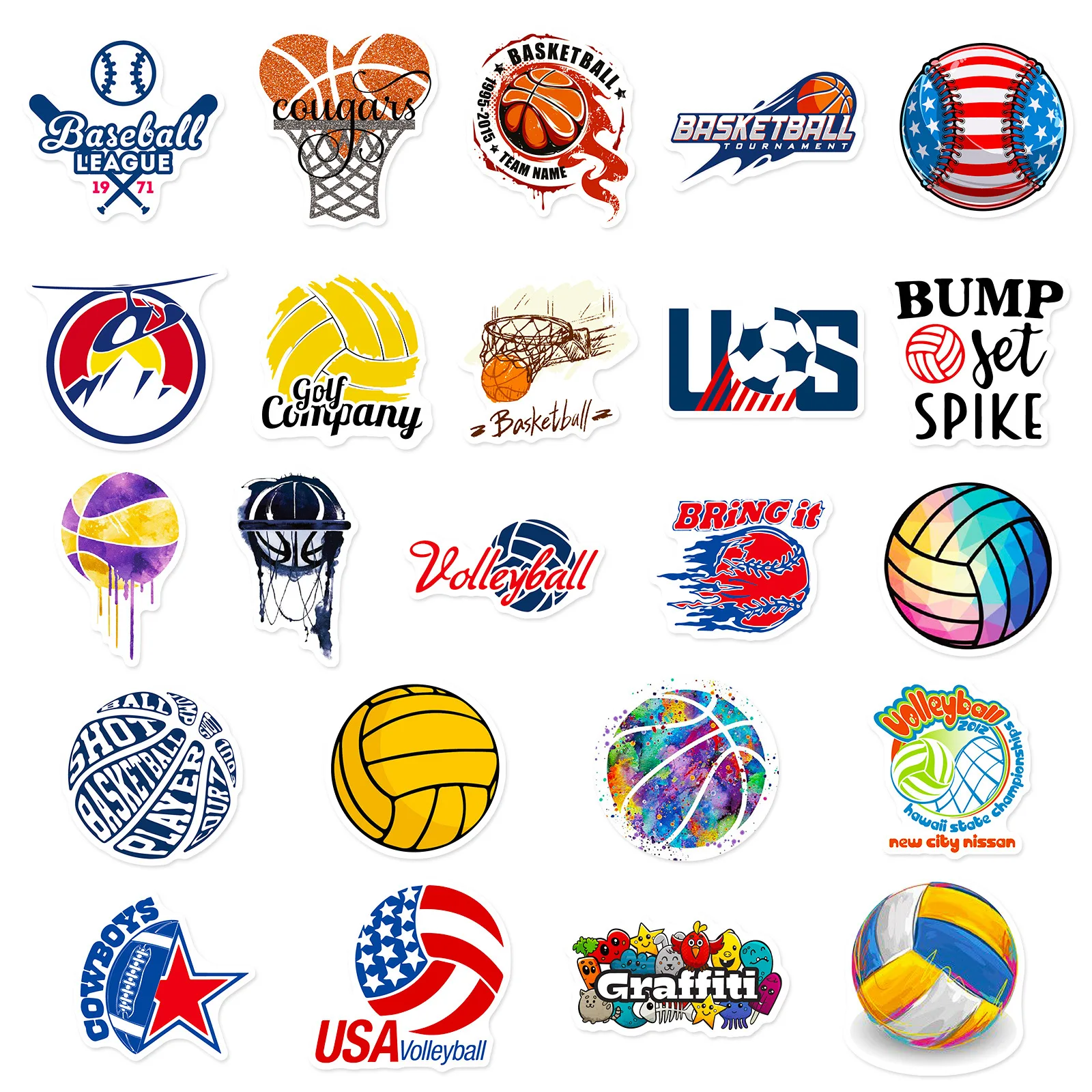 50pcs Sports Stickers, Soccer Football Volleyball Golf Basketball Stickers, Waterproof Stickers for Skateboard Water Bottle