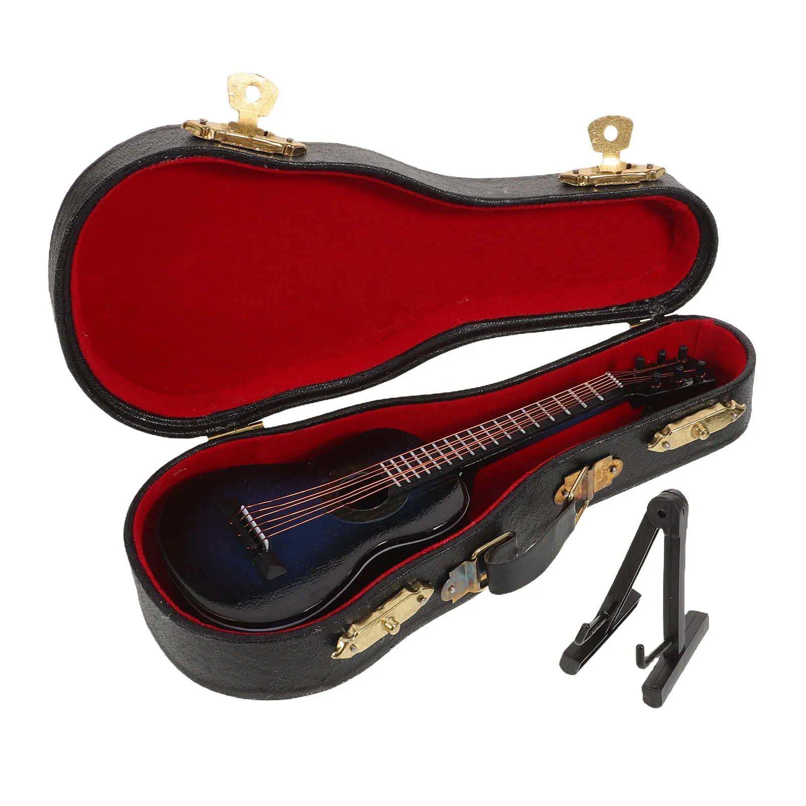 

Exquisite Miniature Guitar Decoration Handcrafted Wood Stringed Instrument for Dollhouse Interiors Desk Display Stand Included