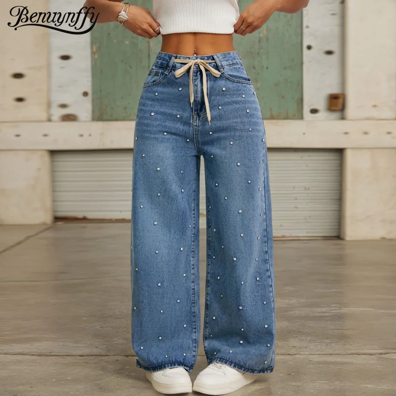 

Benuynffy High Waisted Loose Beaded Jeans Women's Streetwear Matching Casual Baggy Pants Woman Drawstring Wide Leg Trousers