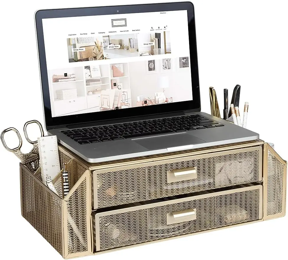 

| Monitor Stand with Drawer Storage | Desk Top Monitor Stand Riser Gold | Computer Support Organizer Elevador de Monitor