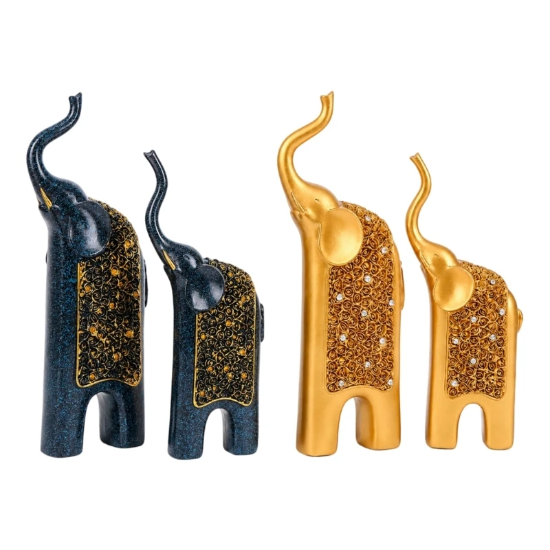  Elephant Desk Sculptures, Two Graduated Statues with Raised Noses and Textured Side Relief for Home or Office Display