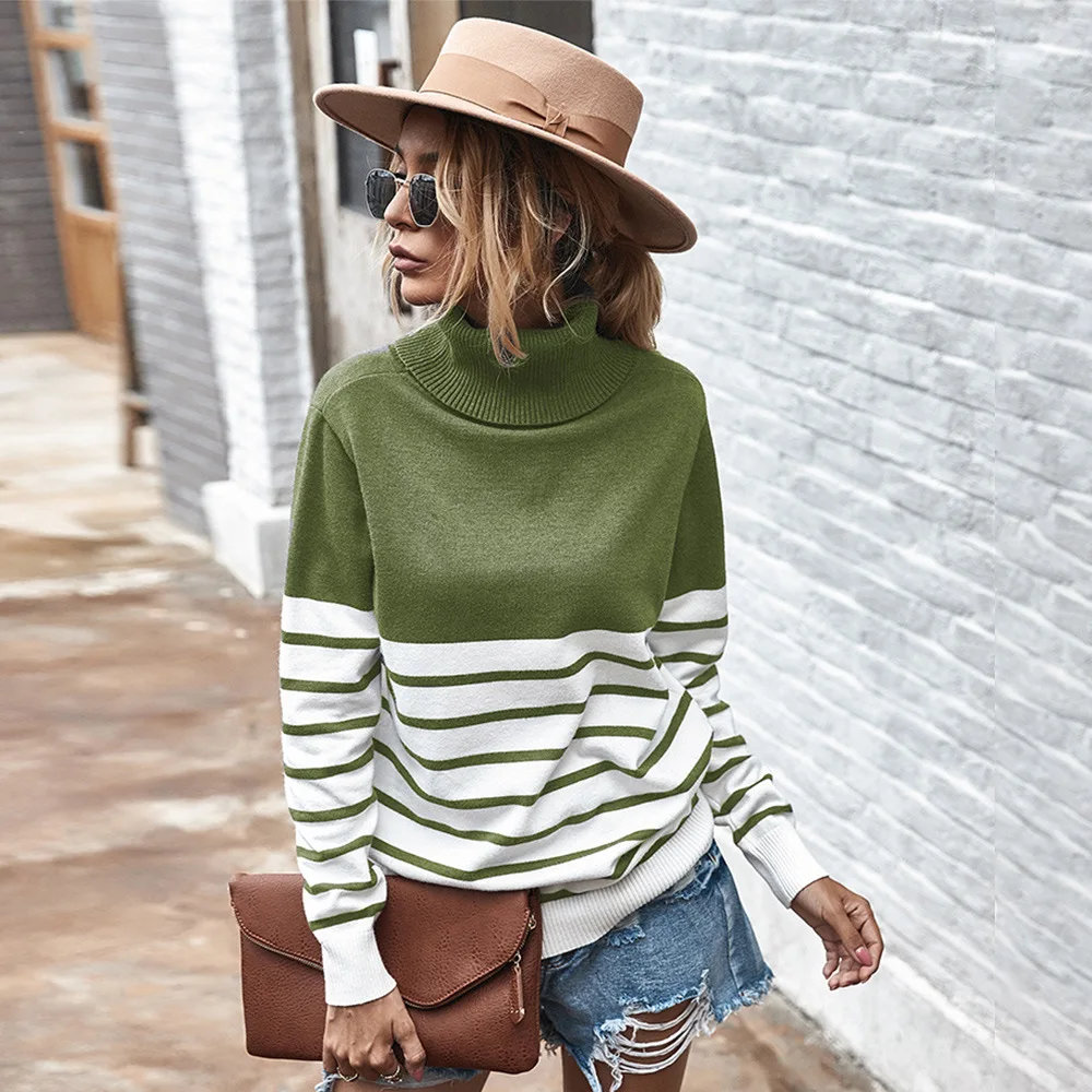 Striped Turtleneck Kintting Sweater Women 2023 Autumn Long Sleeved Casual Jumpers Tops Brown Warm Winter Sweaters Sueter Mujer