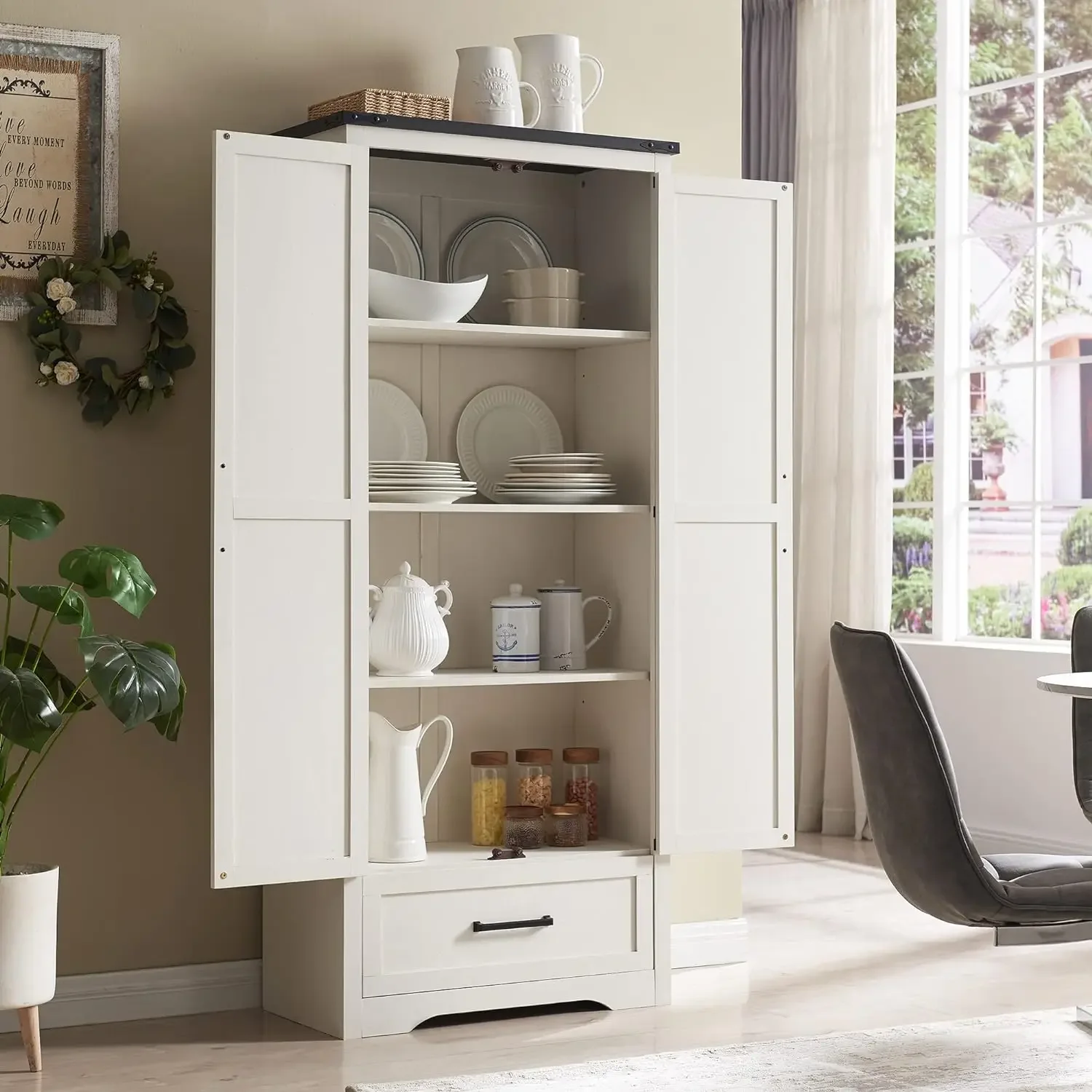 Tall Farmhouse Pantry Cabinet with Adjustable Shelves with Drawer & 2 Barn Doors, Versatile Storage for Kitchen