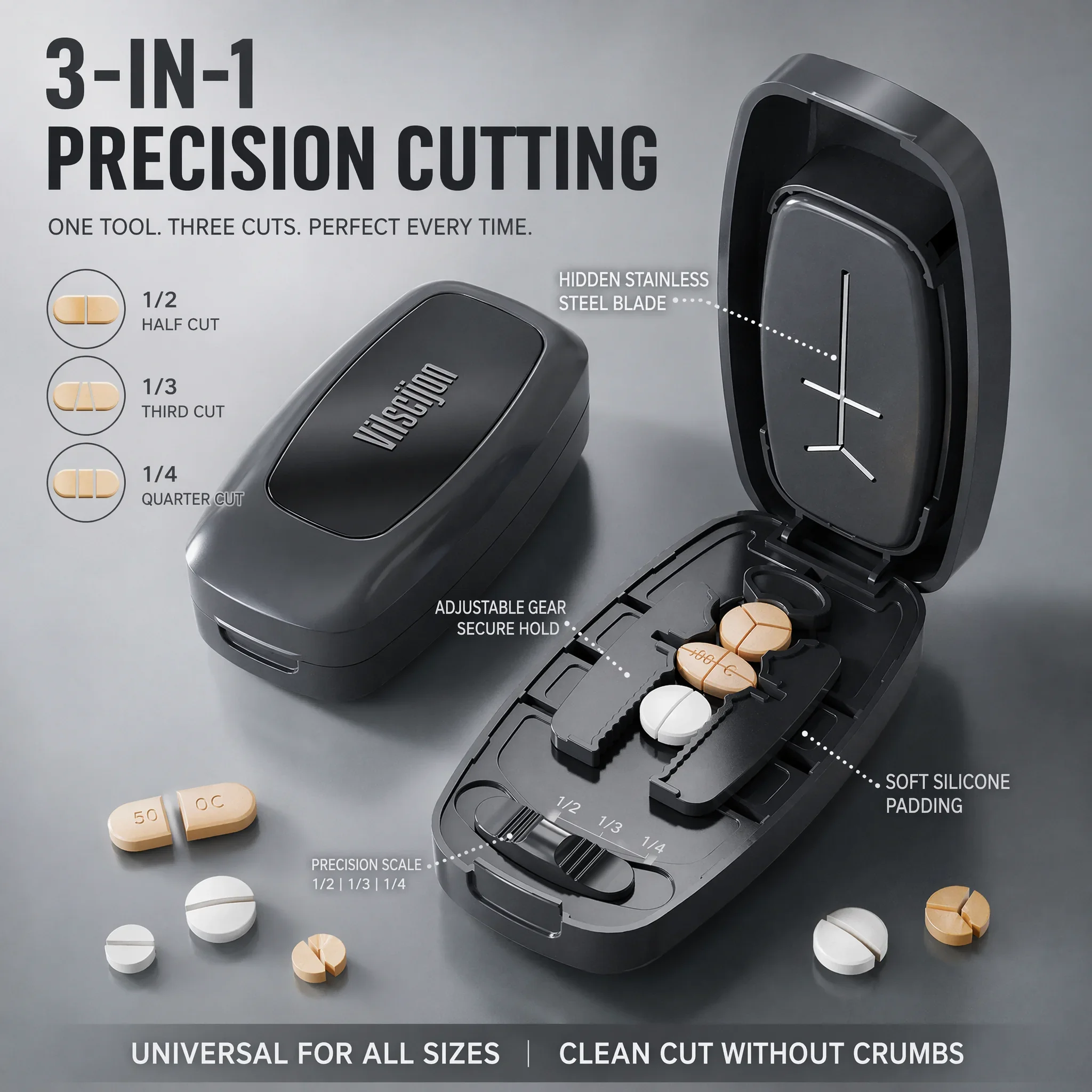 Pill Cutter 1/2 1/3 1/4 Precise Pill Splitter Portable Tablet Cutter W/ Storage Hidden Safe Blade For All Size Pills JJ2440