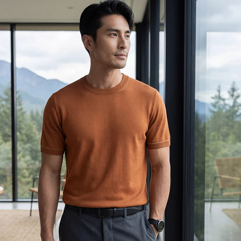 New men's mulberry silk T-shirt casual solid knit pullover short sleeved luxury brand loose top high-quality spun cashmere Tees