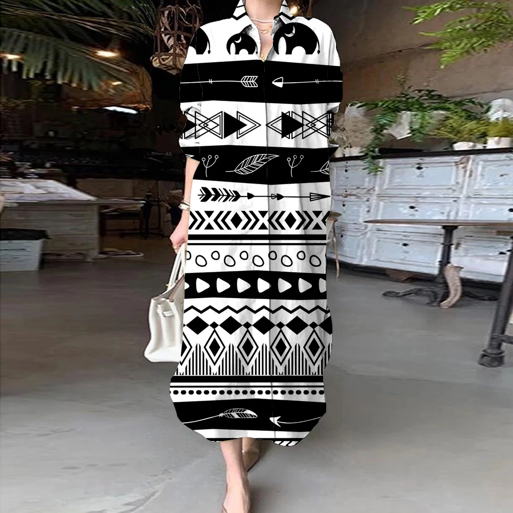 Autumn Vintage Tribal Ethnic Print Long Sleeve Shirt Dress Elegant Classical Party Evening Dresses 2023 A-Line Lapel Women Robe