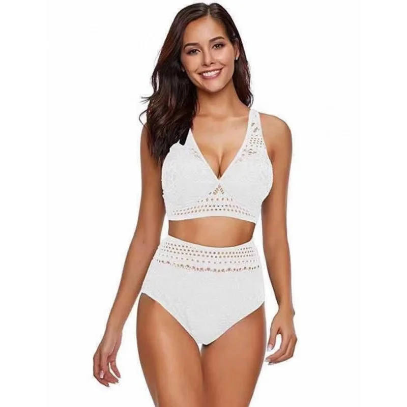 Bikini de encaje hueco de cintura alta para mujer, traje de baño Sexy europeo y americano, nuevo