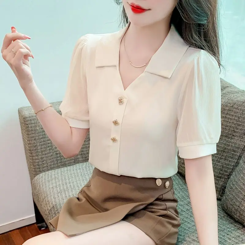 V-neck Short Sleeved Chiffon Shirt Women\'s Summer New Fashionable Temperament Office Versatile Single-breasted Lady Shirt