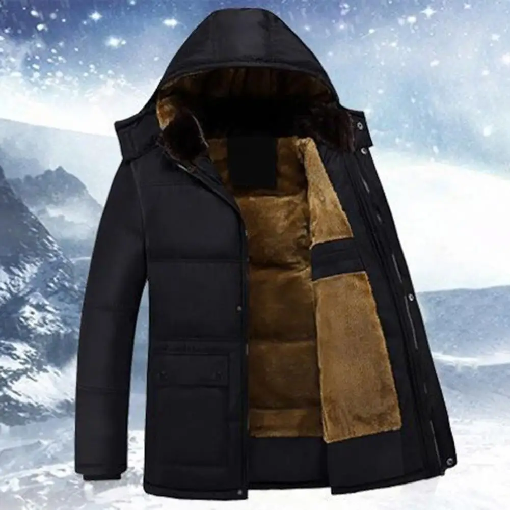 2024 Winter Fashion Comfort Men\'s Raccoon Collar Medium Length Plus Fleece Hooded Cotton-Padded Jacket Plush Lining Coat Jacket