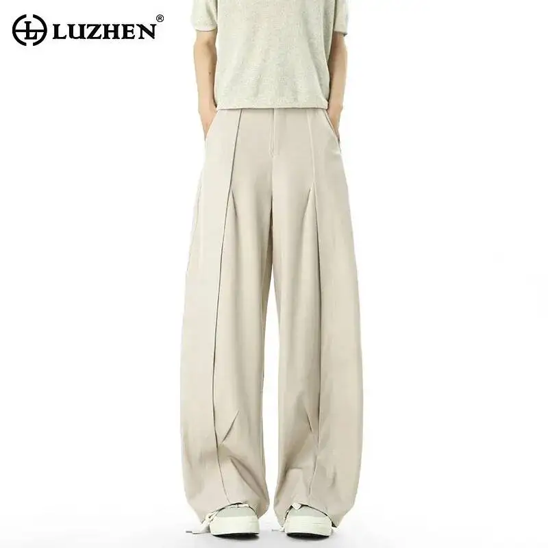 LUZHEN 2026 High-quality Pleated Patchwork Design Trousers Men's Trendy Handsome Solid Color Loose Wide Leg Casual Pants JY7437
