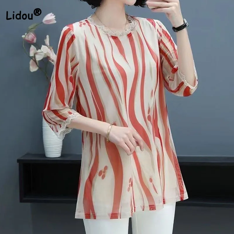 Fashion Female Loose O-Neck Printed T-shirt Summer Women's Clothing Thin Casual 3/4 Sleeve Fake Two Pieces Gauze Spliced Tops