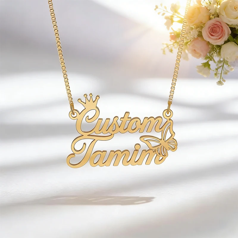 

Customized Name Necklace with Crown Butterfly for Women Stainless Steel Personalized Custom Name Pendant Necklace Jewelry Gift
