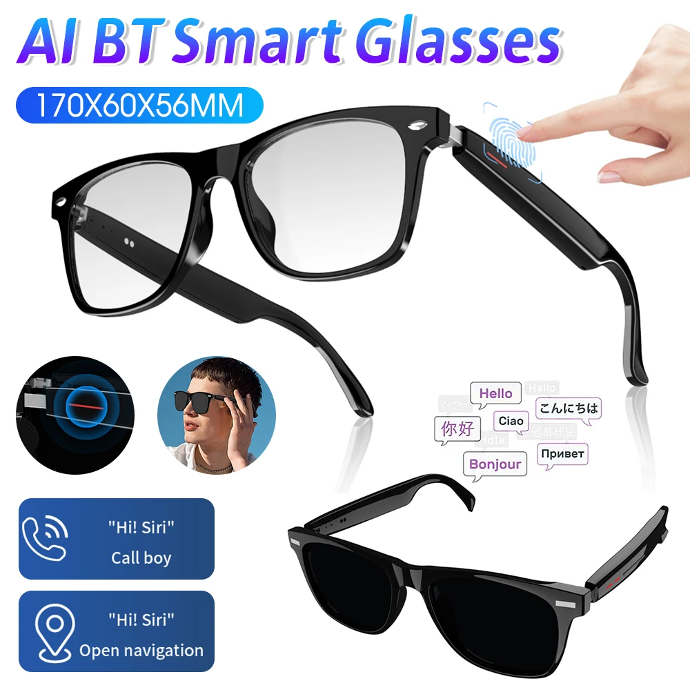 

Умные очки с камерой AI, аудиоочки BT с удаленной съемкой и микрофоном с открытым ухом и динамиками, микрофон с шумоподавлением, унисекс