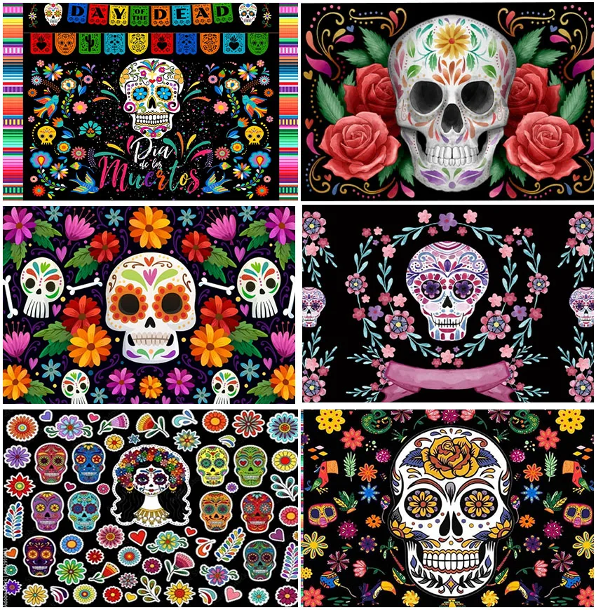 

Day Of The Dead Party Fiesta Photography Backdrops Decoration Skull Flowers Birthday Decor Banner Backgrounds Studio Photocall