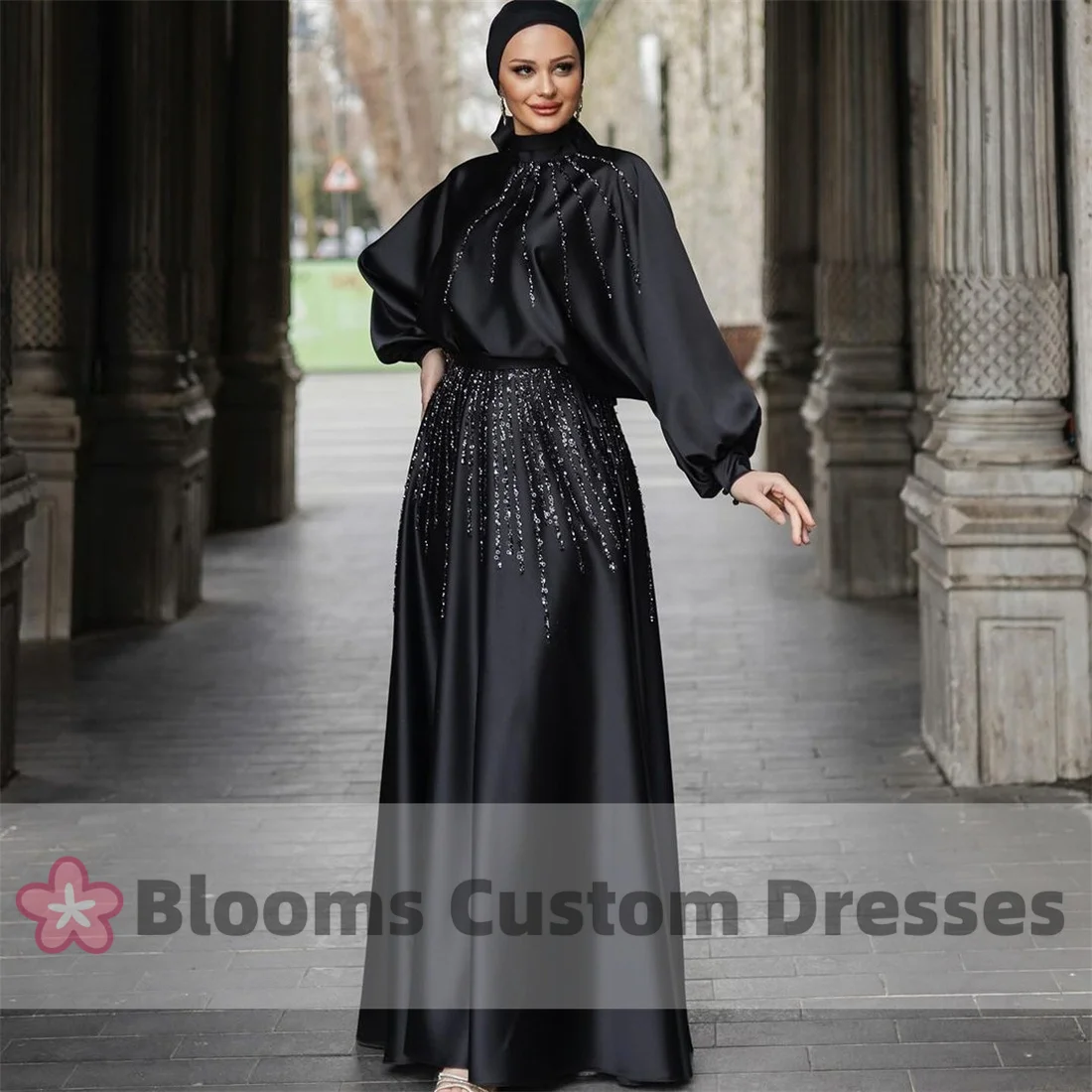 Blooms Beads Sequined Full Sleeve Prom Dresses Saudi Black Satin Formal Party Dress Elegant High Neck A-Line Evening Gown