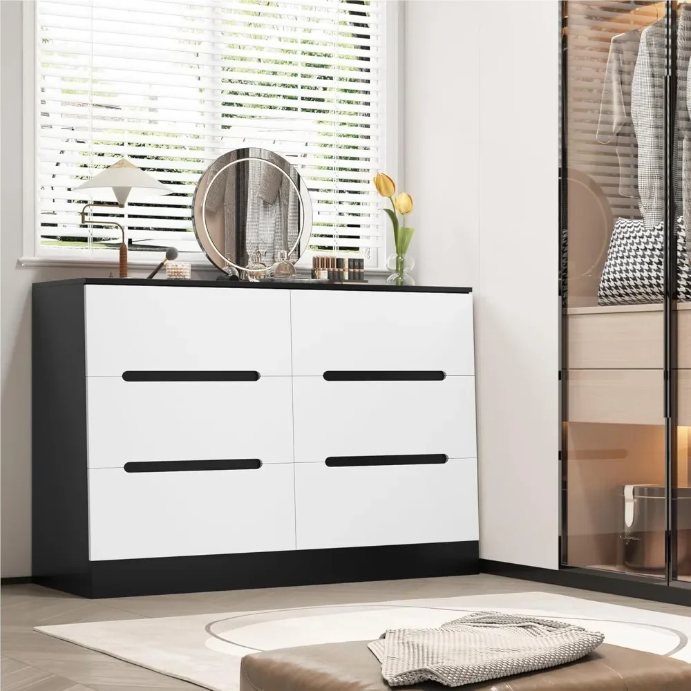 47.2-inch 6-drawer Vanity, White TV Cabinet of Drawers, Polished White Floor Storage Chest of Drawers, Modern Classic Vanity