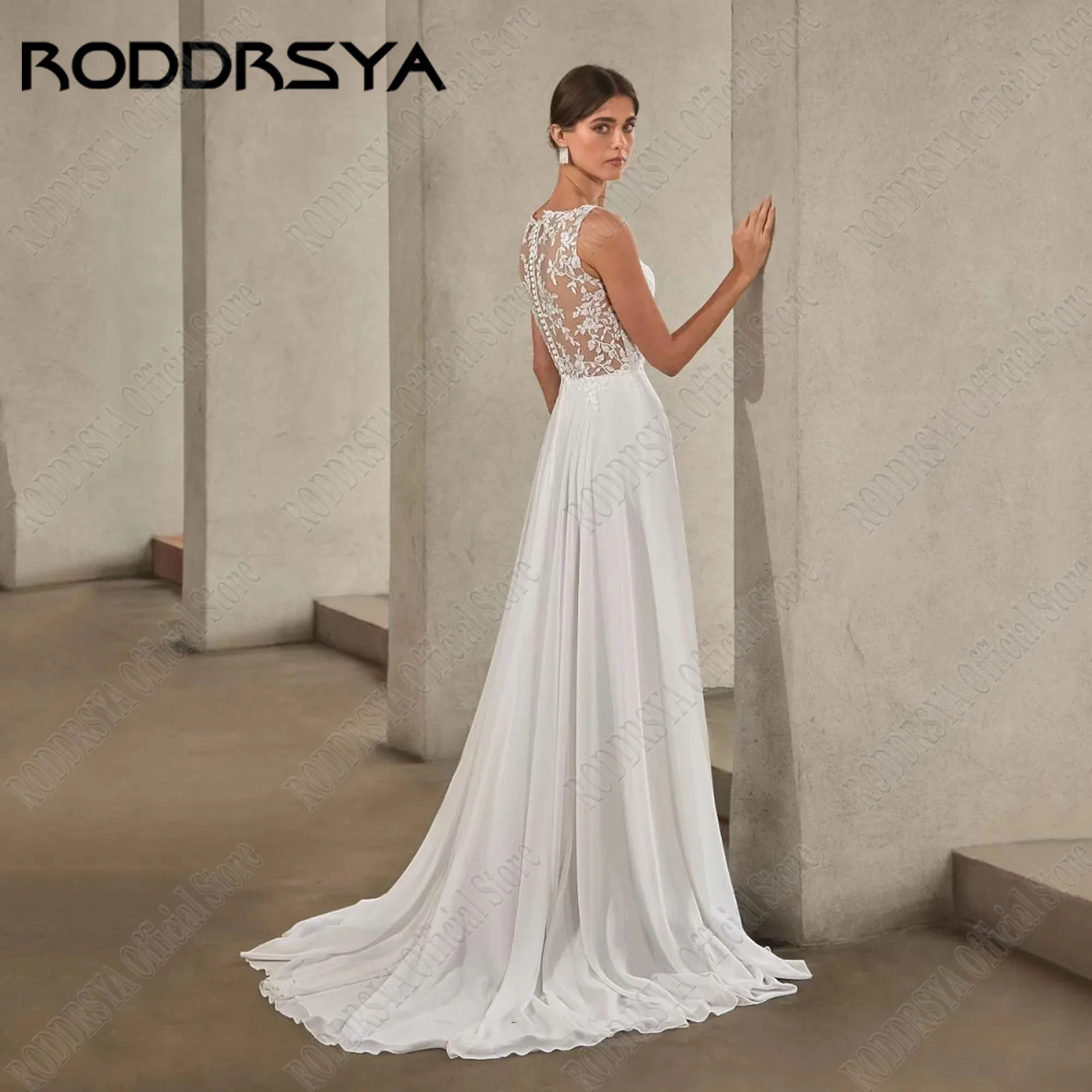 RODDRSYA Chiffon Vestido De Noiva Destacável Puff Mangas V-Neck Backless A Linha Lace Applique Noiva Vestidos Partido Ver Através De VoltarRODDRSYA Chiffon Wedding Dress Detachable Puff Sleeves V-Neck Backless A-Line L