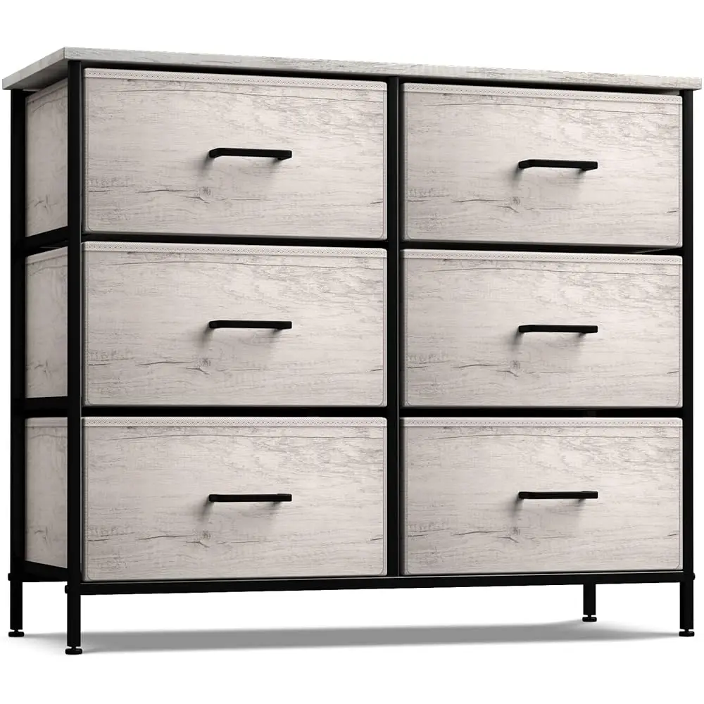 

Dresser With 6 Faux Wood Drawers - Chest Organizer Unit With Steel Frame Wood Top & Handle Easy Pull Fabric Bins For Clothes -