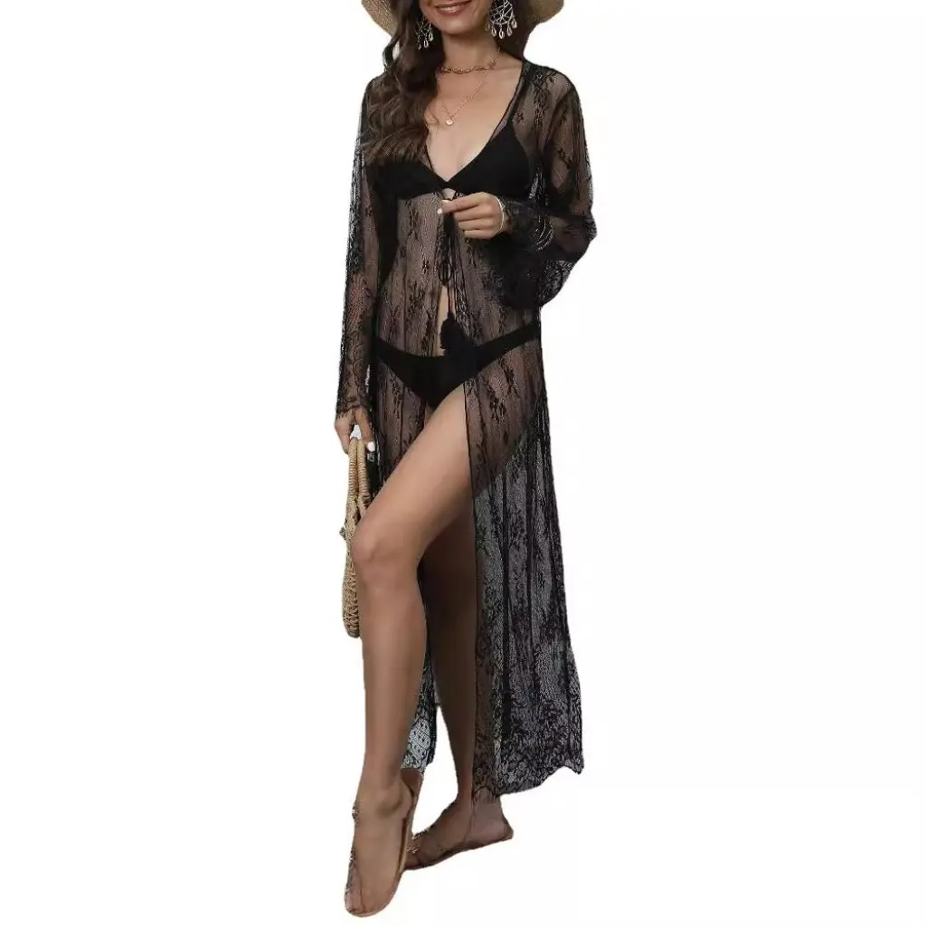 

Сексуальная кружевная пляжная блузка-бикини с перекрестными плечами и длинными рукавами, солнцезащитный кардиган, женский модный топ на лето A9604