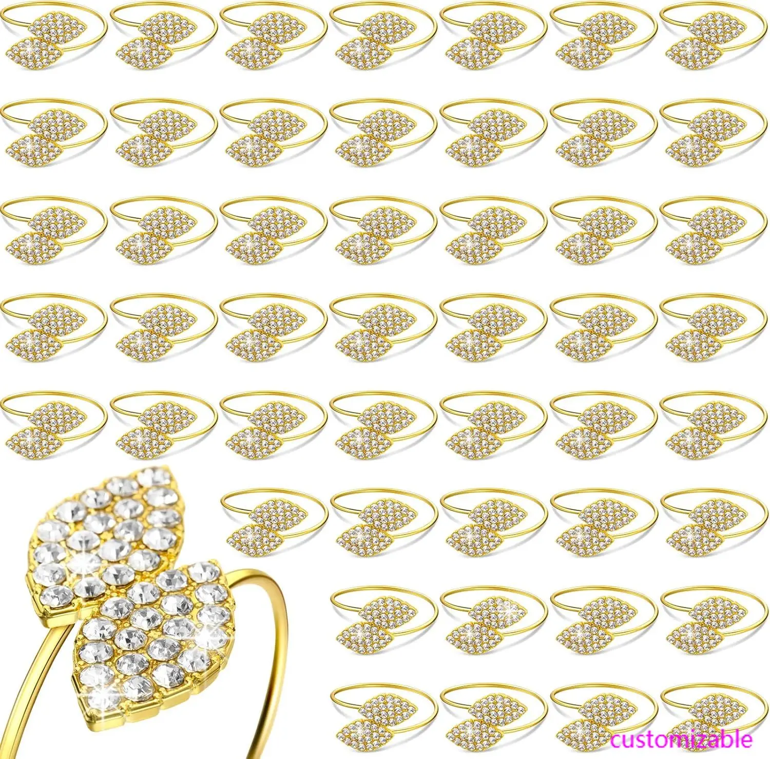 100 Pcs Gold Napkin Rings Set Bling Napkin Rings Metal Leaves Rhinestone Guest Towels Buckle for Wedding Party Gathering