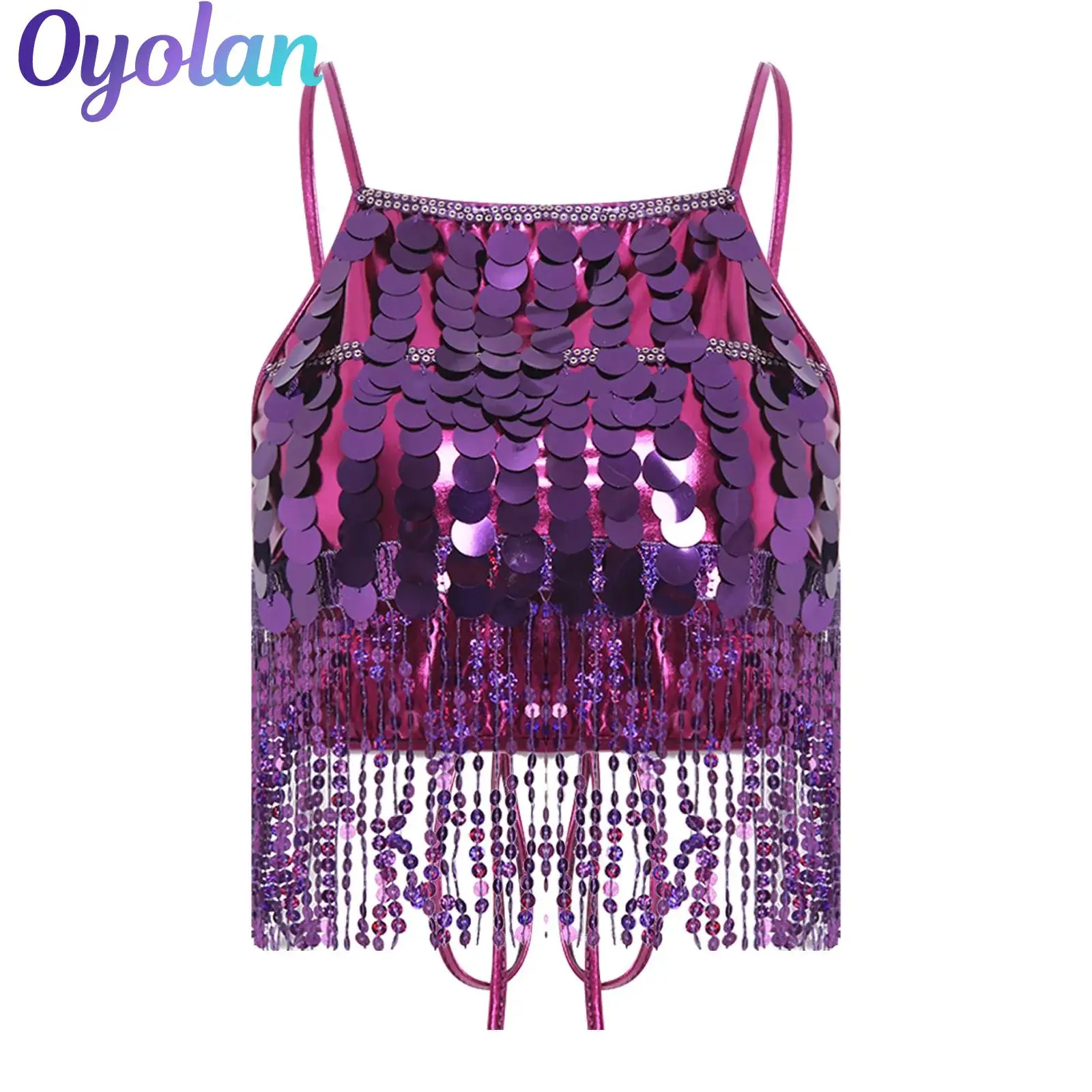 

Womens Metallic Shiny Belly Dance Crop Top with Sequin Tassel No-pad Backless Lace-up Sparkly Bra Top Performance Folk Dance Top