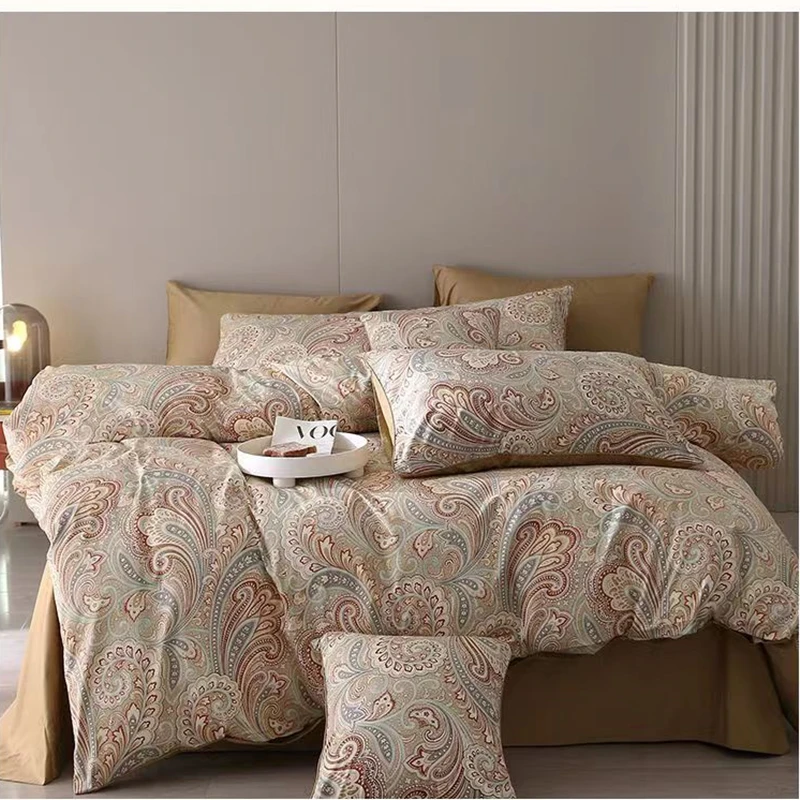 

4Pcs Bedding Set 300TC Egyptian Cotton Satin Duvet Cover Twin Queen King Size Single And Double Bed Sheet Printed Pillowcase