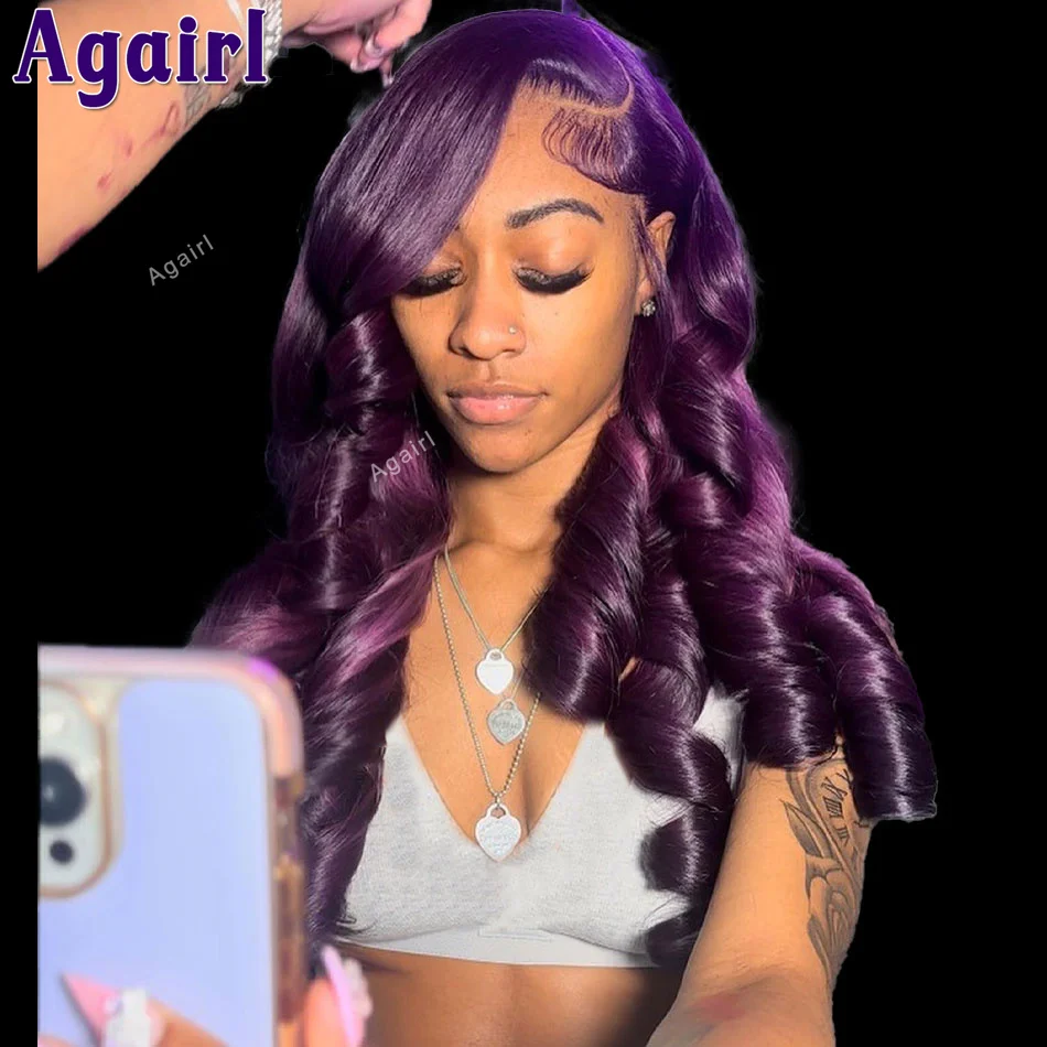 200 Density 13x4 Colored Ready Go Human Hair Wigs Body Wave Lace Front Wig Dark Purple Transparent Lace Frontal Wigs for Women