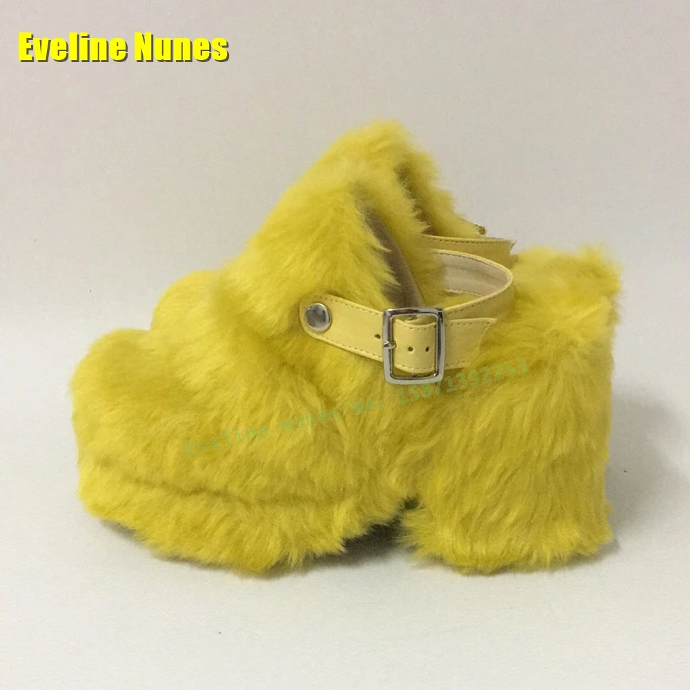 Yellow Furry Fur Back Strap Platform Pumps Round Toe Thick Sole Shallow Belt Buckle Solid Casual Slippers Plus Size 2024 Winter