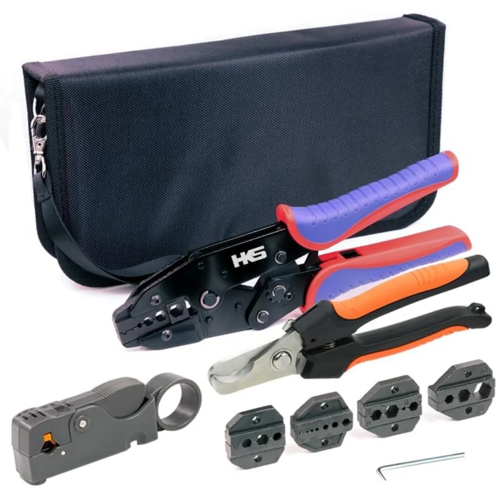 

Профессиональный набор инструментов для обжима коаксиального кабеля с 5 сменными штампами, инструментом для зачистки/резаком и пильником для радиочастотных разъемов RG