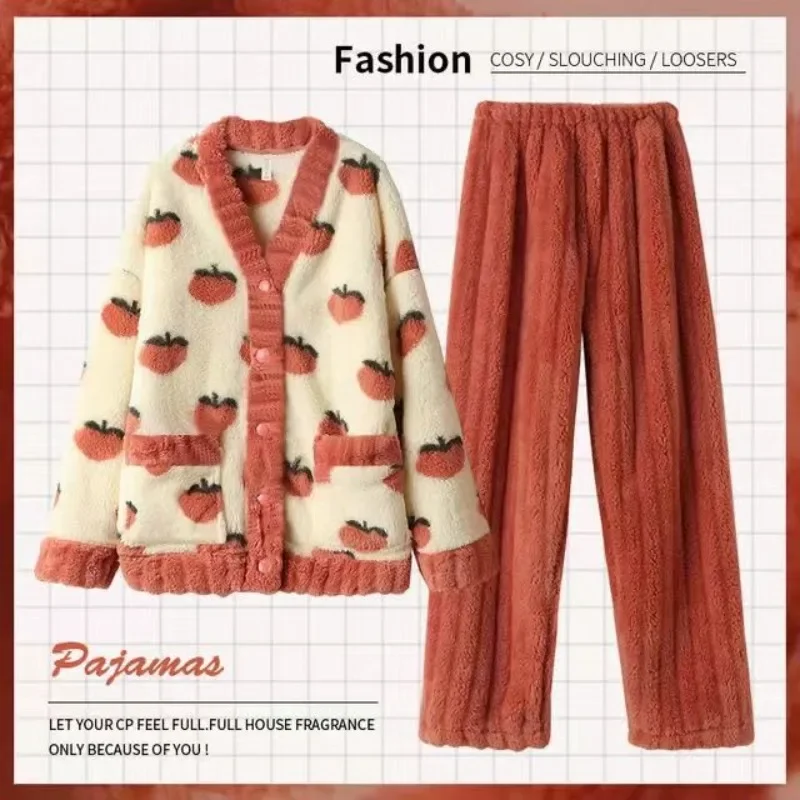 2024 Autumn and Winter New Women Outcoat Flannel Pajamas Autumn Thickened Warm Suit Loose Comfortable Homewear Casual Jacket