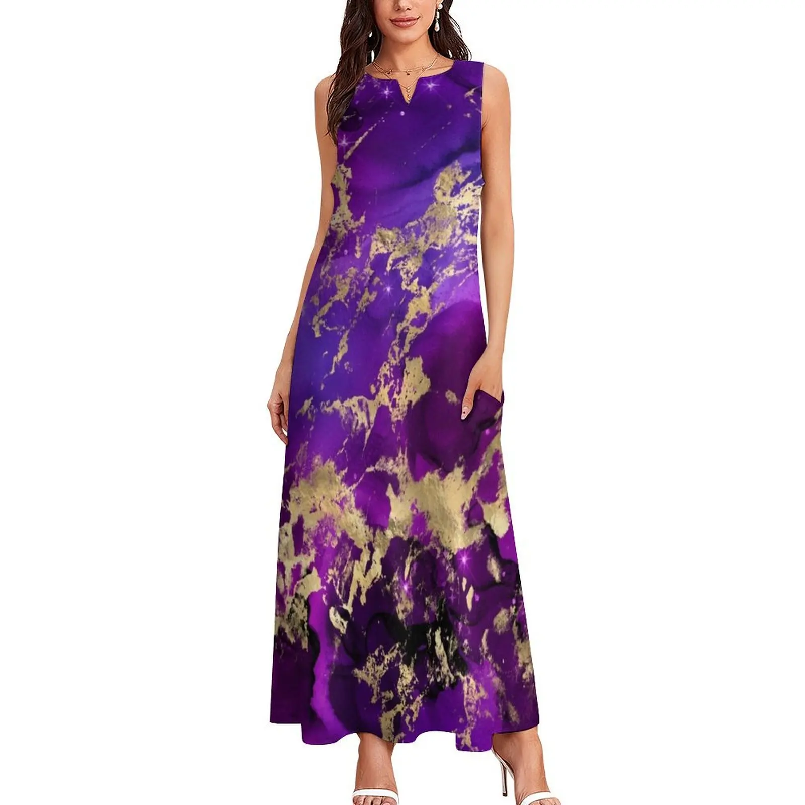 Marble Galaxy in Royal Purple and Gold Splash Long Dress Casual dresses Clothing Dress