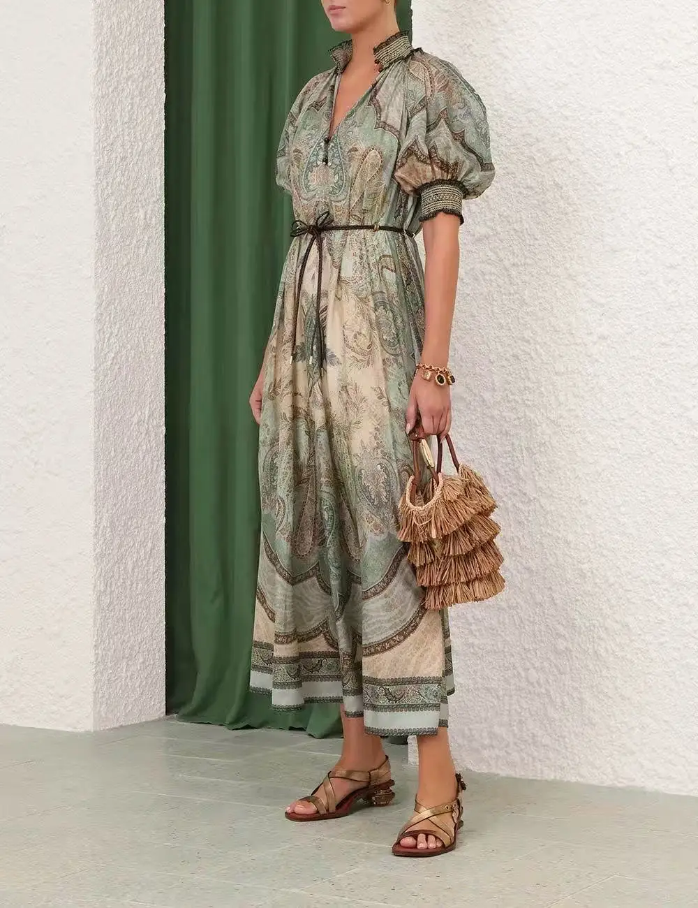 2025 New Re-tro Green Paisley Silk High Quality Short Puff Sleeve Belted Women Midi Dress