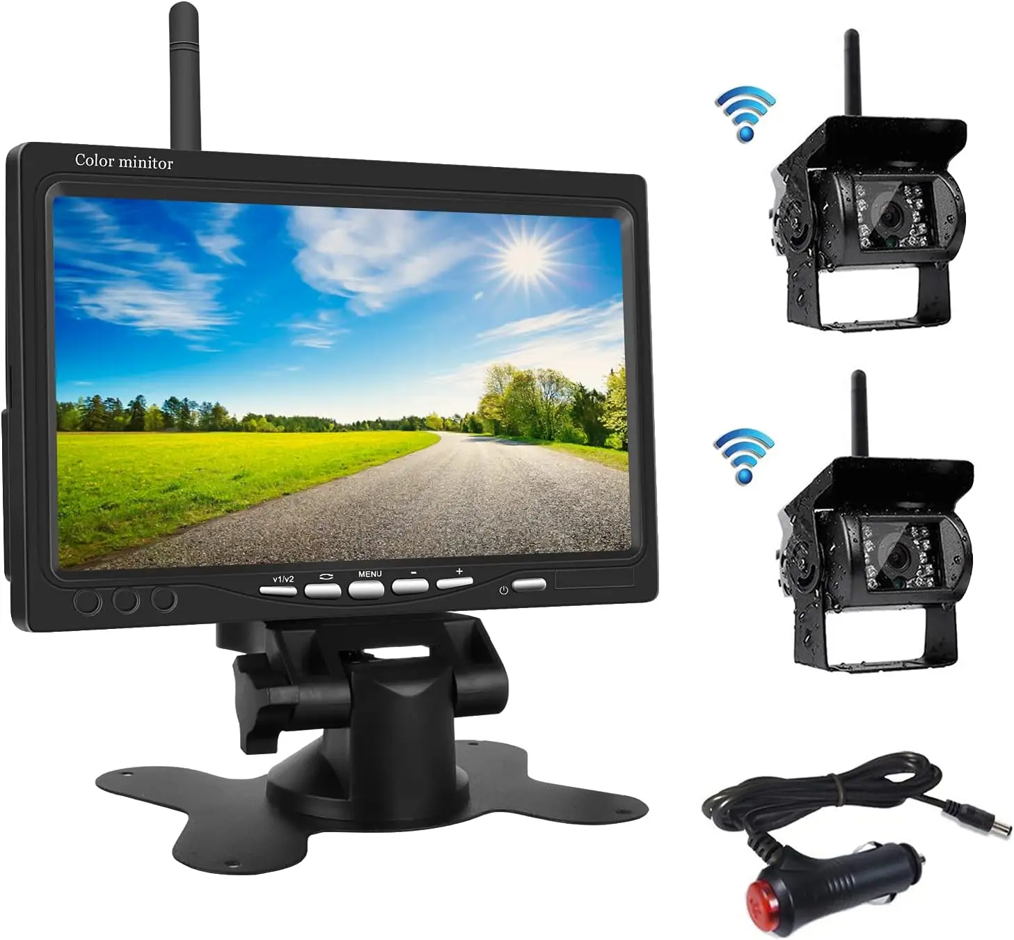 Wireless Backup Camera and Monitor Kit, 7 inch HD LCD Monitor with Antenna, 2 x Wireless Rear View Camera Night Vision, 12-24V