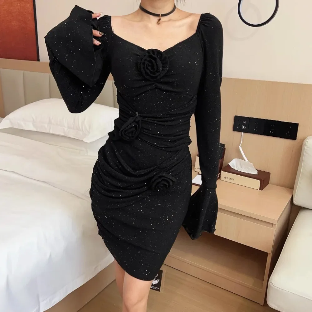 GALCAUR Solid Slimming Fashion Spliced Folds Dresses for Women Square Neck Long Sleeve Patchwork 3D Flower Dress Female Style