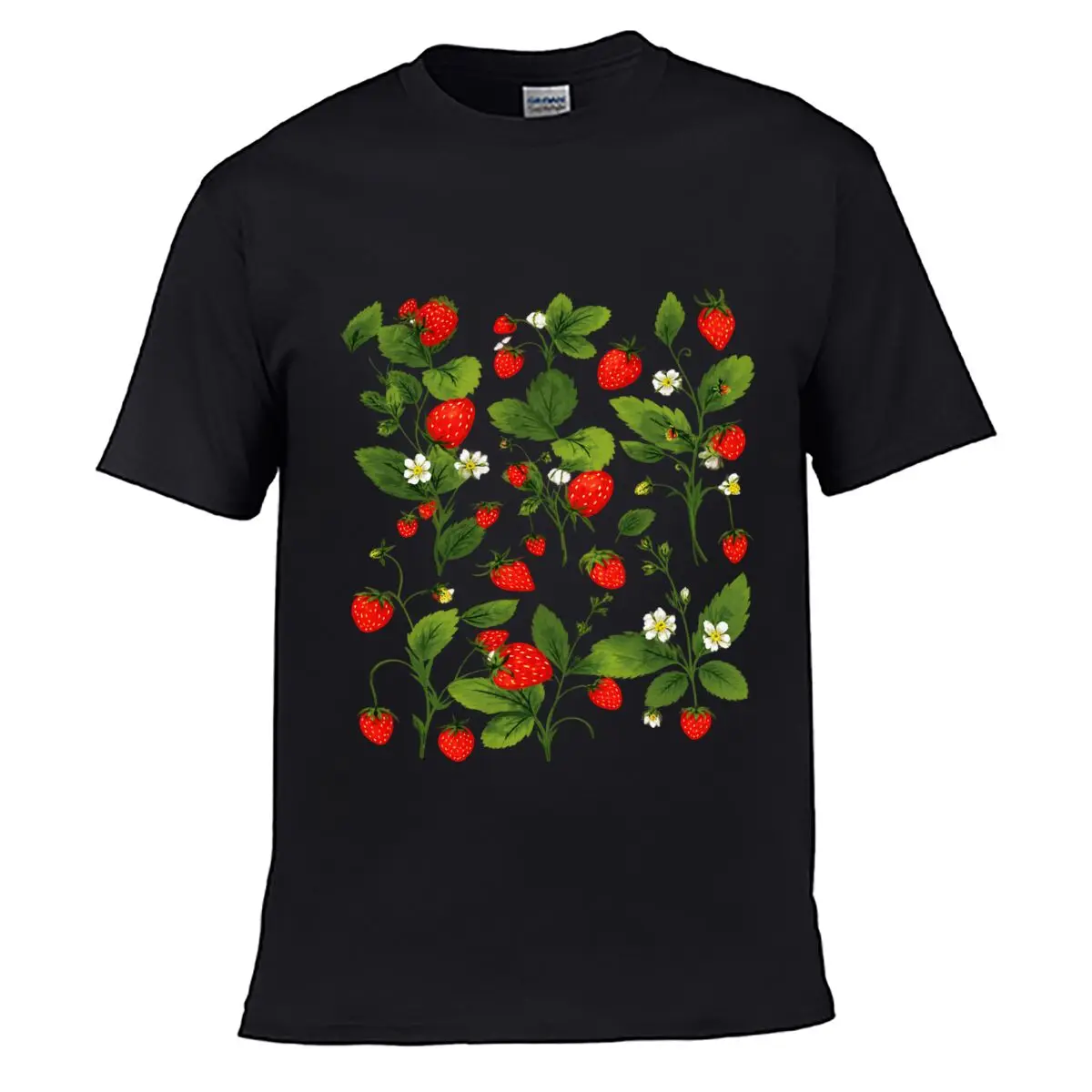 Strawberry Botanical Pattern With Green Leaves And White Flowers Loose T-shirt Casual Tee