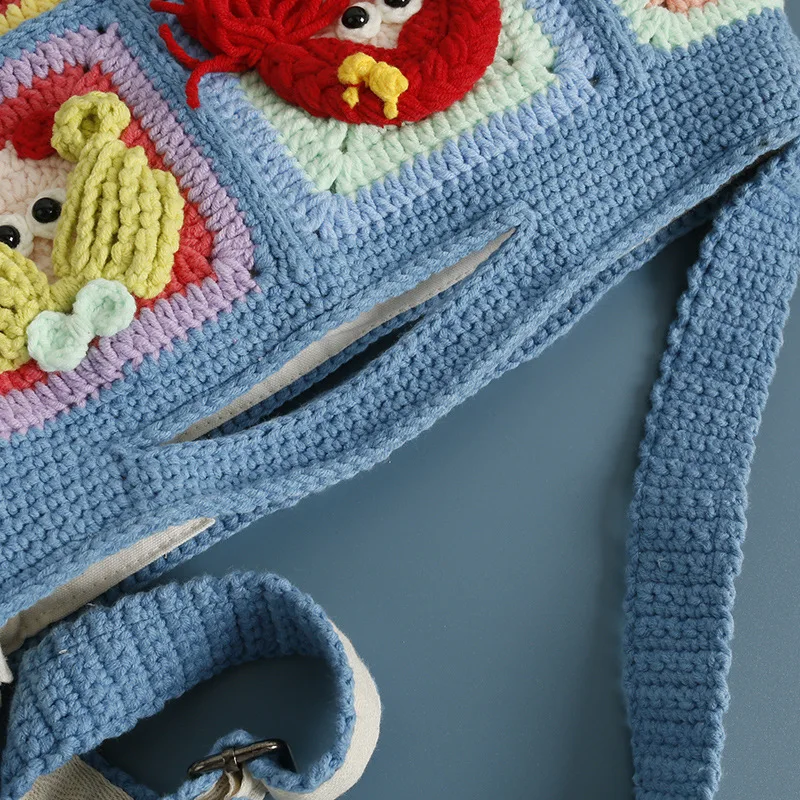 Handmade Crochet Granny Square Crossbody Bag, 3D Cartoon Girl Faces Knitted Shoulder Tote Bag for Women view 3