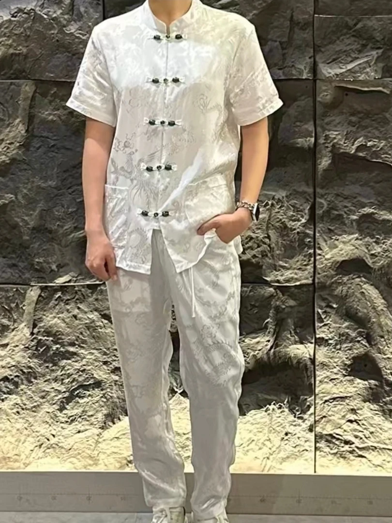 

High Quality Fashionable Summer Men's New Style Casual Tang Suit Two-Piece Set Lightweight Luxury Comfortable Short Sleeve