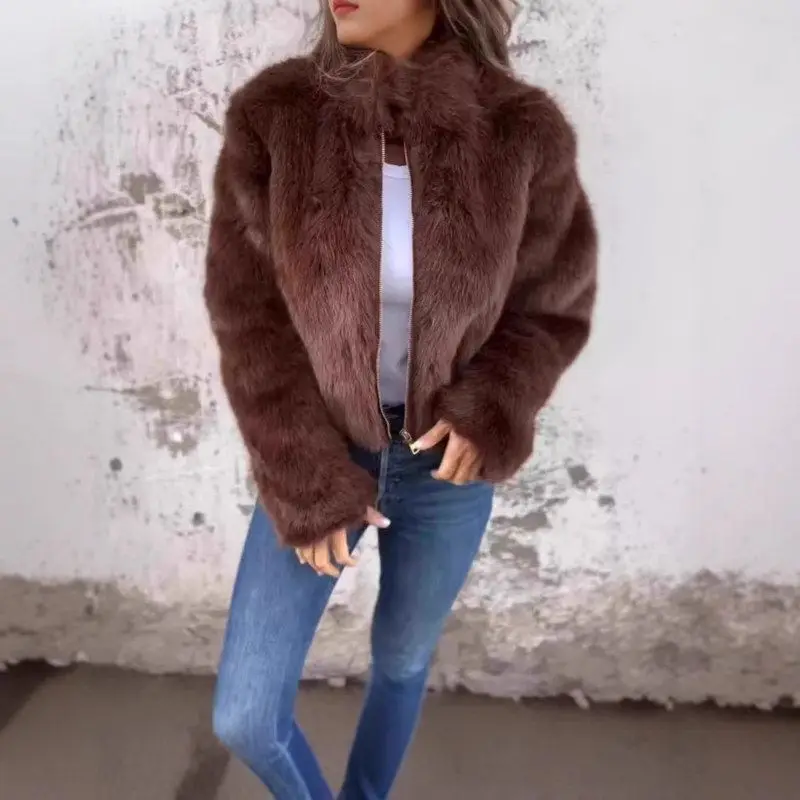 レディース ジッパー ファーコート ハイカラー ジャエット シミュレート ファー ロング スベ ブリティ スレ ファイオナブル 秋服 カジュアル シック