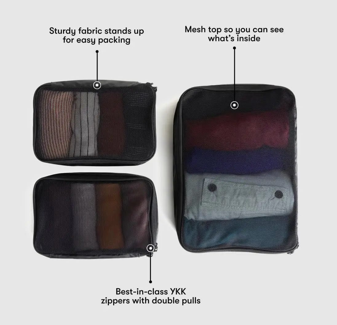 Set of 3, Black - Lightweight Travel Cubes for Packing with Mesh Panels - Two Size Luggage Organizer Bags·New Popularity