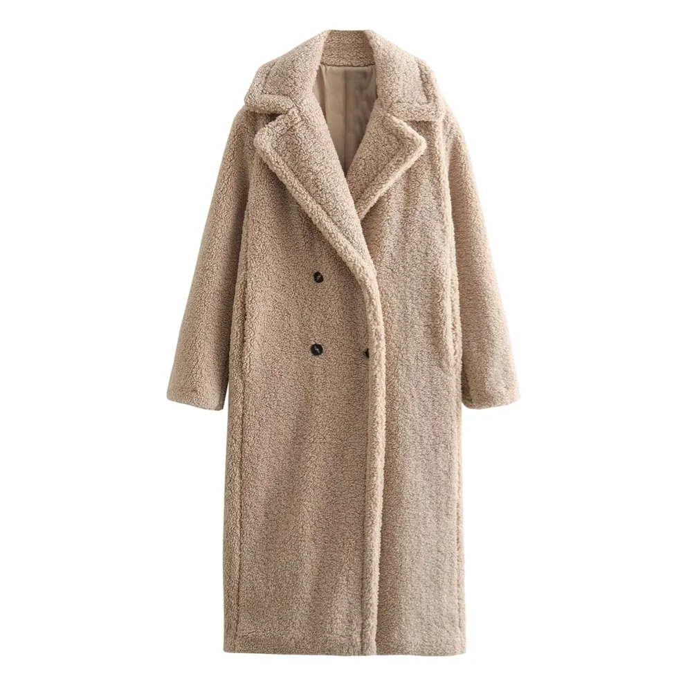 PB&ZA women's 2024 autumn and winter new lapel long-sleeved double-breasted lamb wool fleece long coat