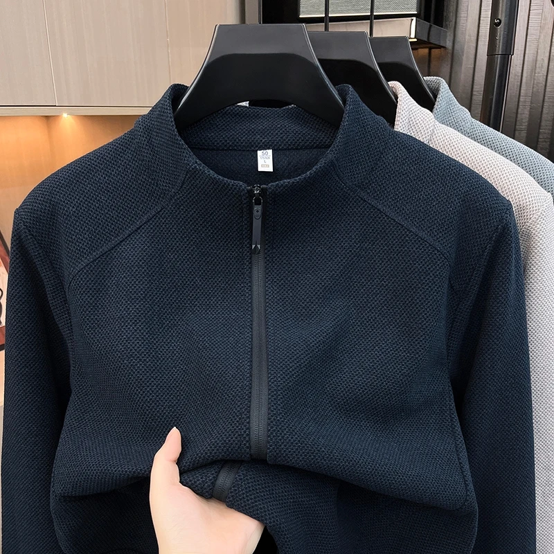 New High End Quality Zip Solid Color Stand Collar Jacket Autumn Winter Warm Original Long Sleeve Top Casual Outerwear Men's Wear