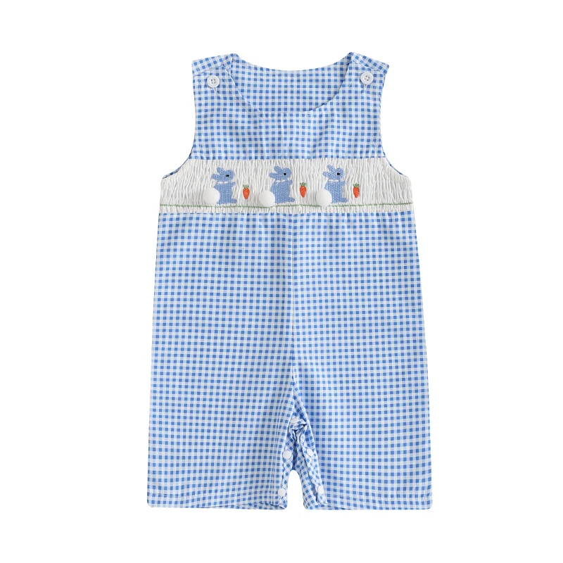 

Baby Girls Rompers Easter Clothes Rabbit Carrot Embroidery Plaid Sleeveless Infant Overalls Jumpsuits