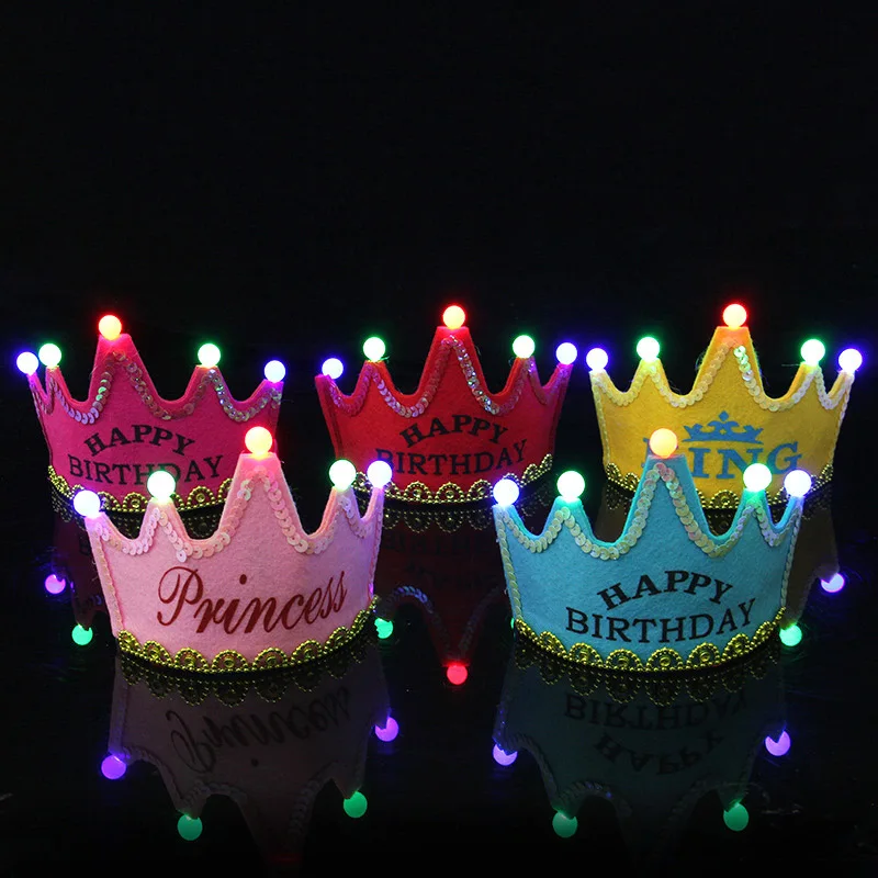 Happy Birthday Glowing Hat For Girls Boys Children\'s Birthday Party Decoration Cute Princess Crown Headband Party Supplies